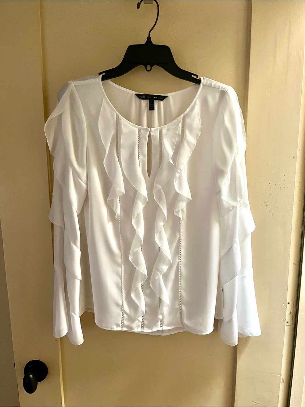 White House Black Market White Ruffled Keyhole Blouse